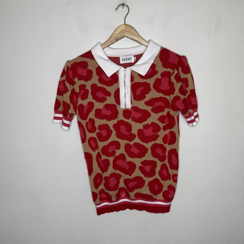 Oxknit Animal Print Pink Beige Polo Shirt Collared Retro Twee Womens Small